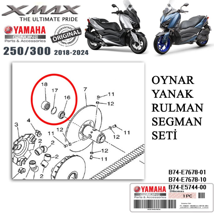 Orijinal XMAX 250/300 2018-2024 Oynar Yanak İçin Rulman Segman Seti